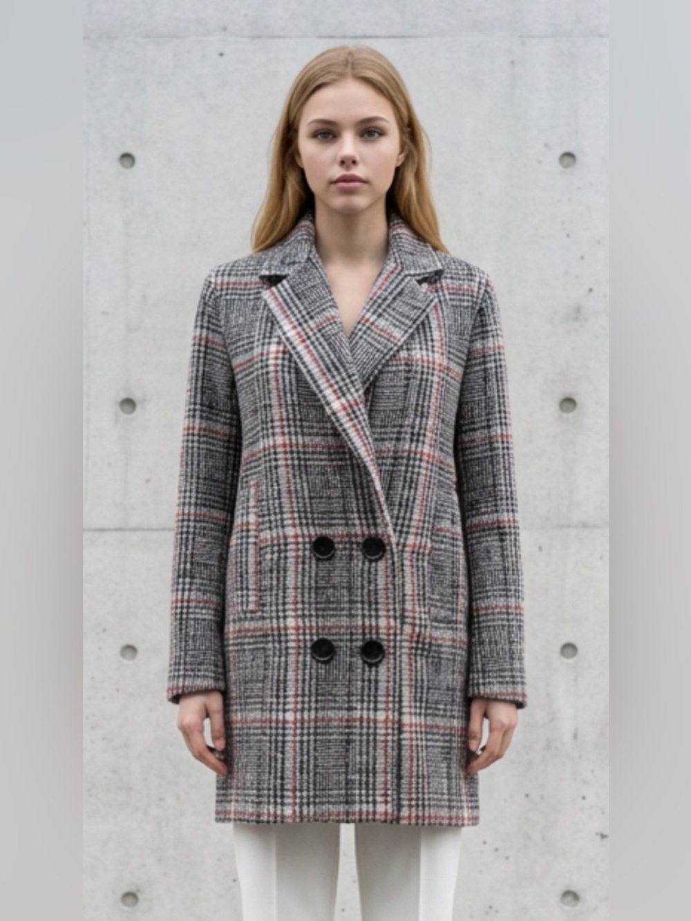 Pink Martini Gray Plaid Double-Breasted Pea Coat with Pink Accents